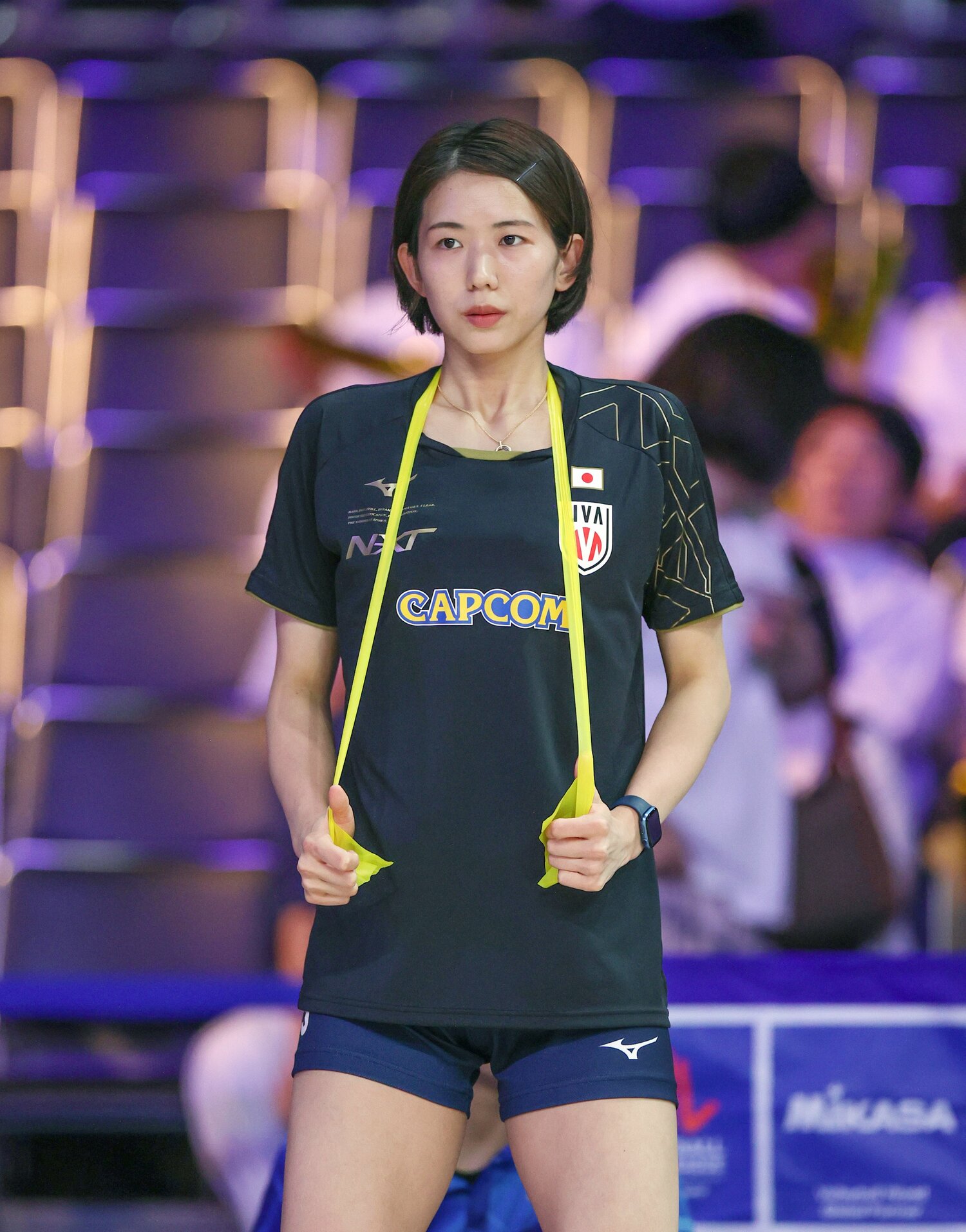 試合前、入念にウォーミングアップする古賀紗理那 ©︎JIJI PRESS