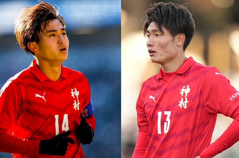 神村学園のMF大迫塁とFW福田師王（ともに3年）。惜しくも決勝進出は逃したが、超高校級コンビとして大会の主役になった ／ photograph by L：Kiichi Matsumoto／R：AFLO SPORT