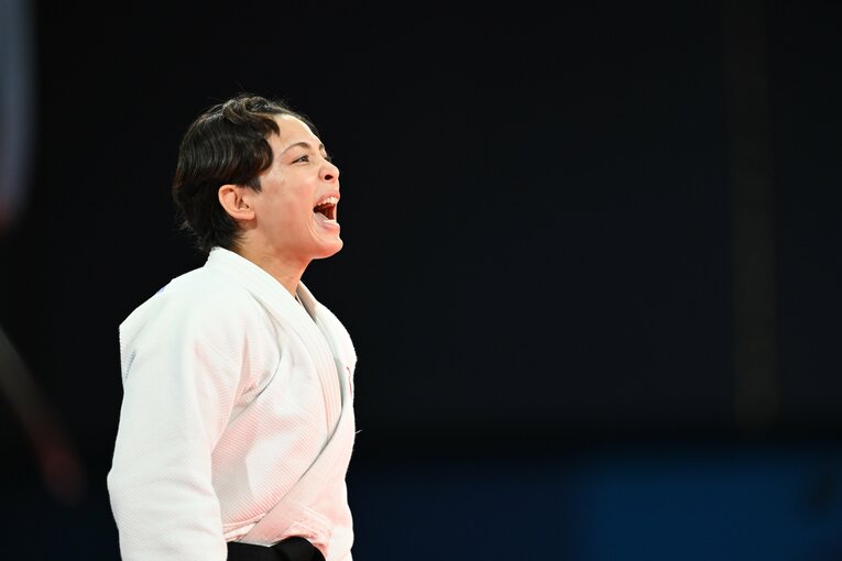 気迫の声出しをする出口　©Kaoru Watanabe/JMPA