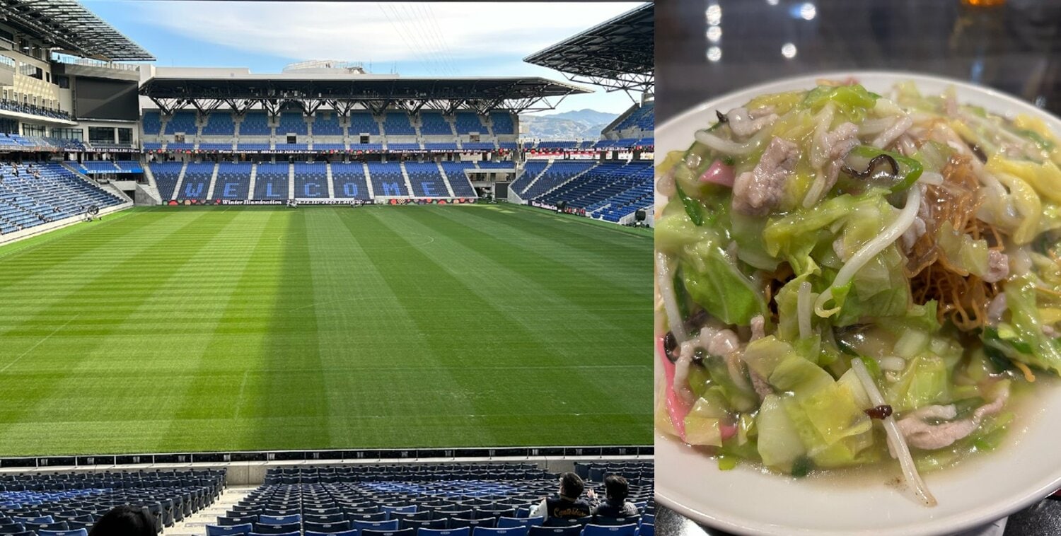 （左）サッカー専用スタジアムPEACE STADIUM　（右）長崎の老舗「賓来軒」で味わった皿うどん