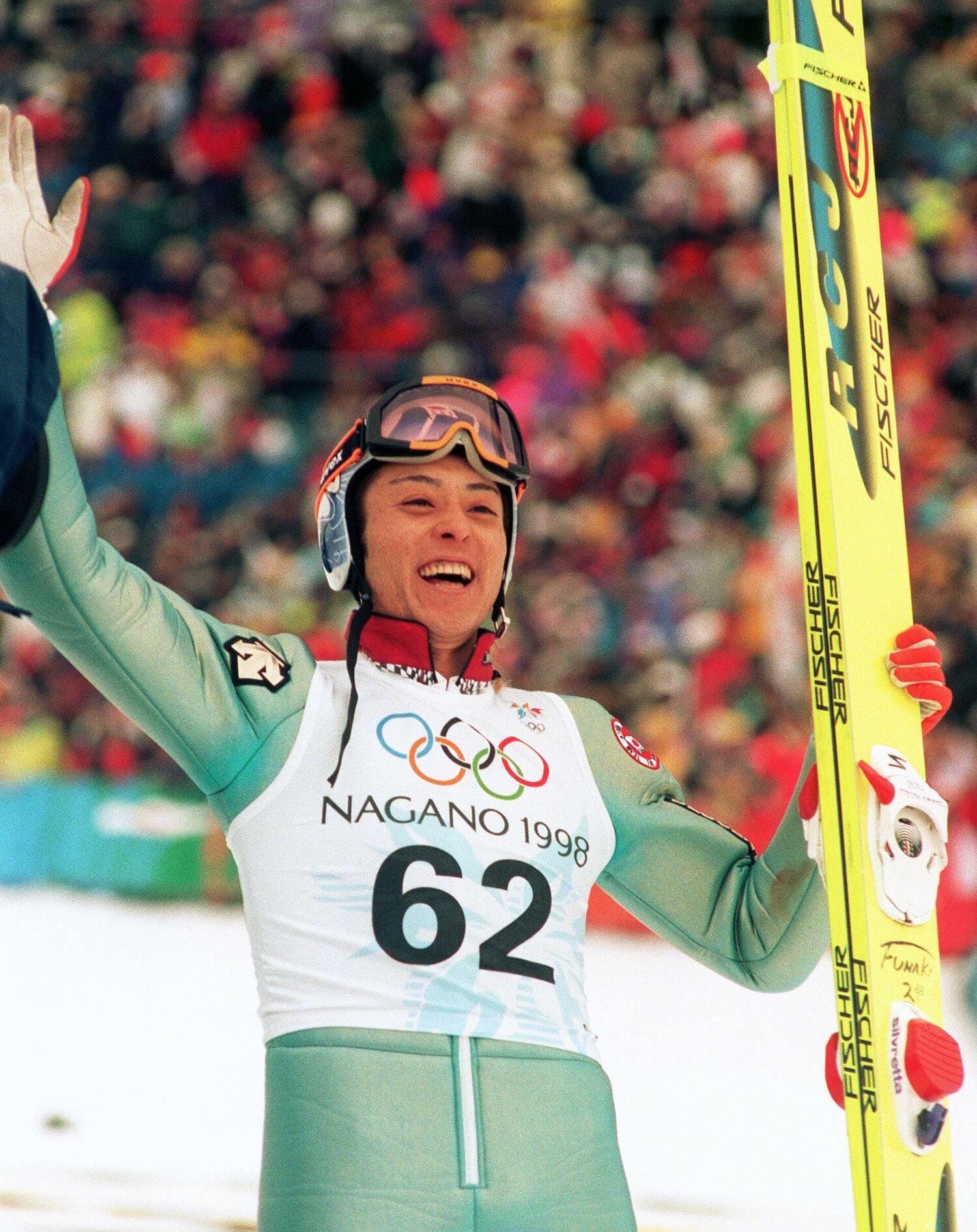 長野五輪スキージャンプ個人ラージヒルで金メダルを決めた瞬間の船木和喜　©JIJI PRESS
