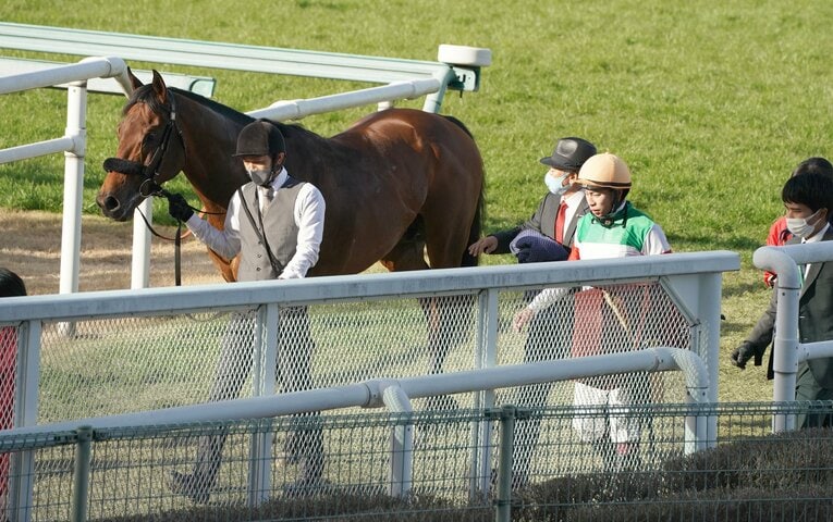 腹帯を解かれ、自ら歩いてコースを出たエフフォーリア　©Sankei Shinbun