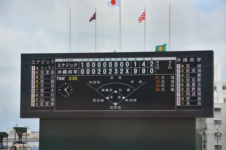 沖縄尚学が9対1でエナジックを破った沖縄県大会決勝のスコアボード　©Takarin Matsunaga