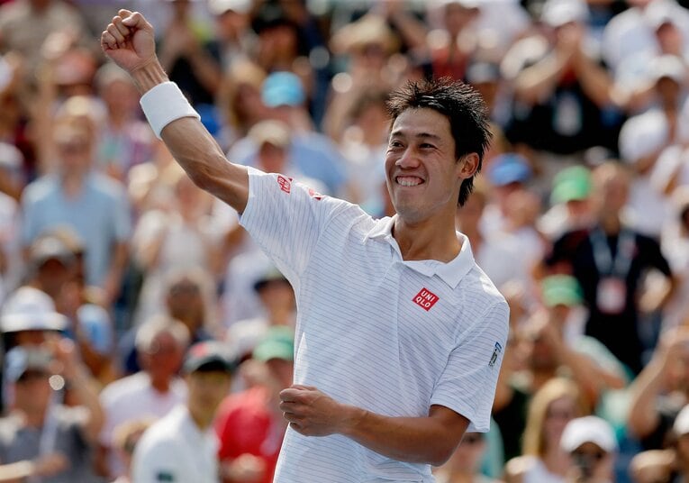 2014年全米オープン準決勝に勝利し、喜ぶ錦織圭　©AFP/JIJI PRESS