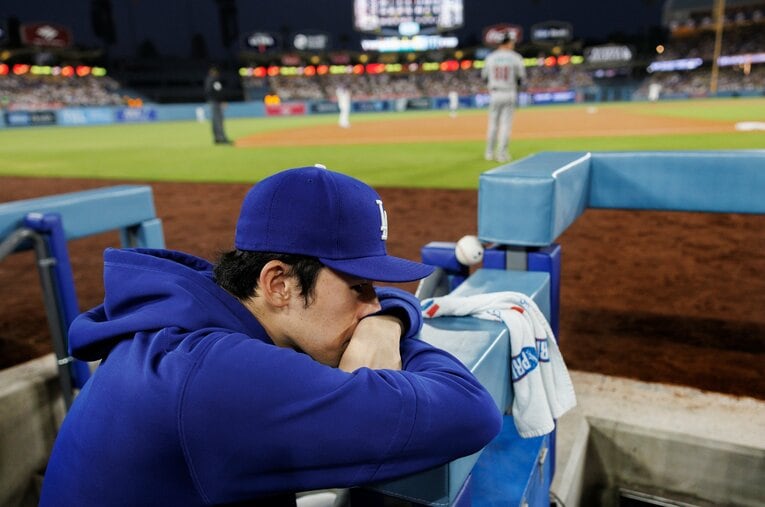 9月中旬にリリーフ転向を打診された佐々木朗希（23歳）。ワールドシリーズ進出に貢献した　©Gina Ferazzi/Los Angeles Times via Getty Images