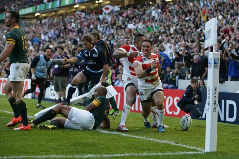 【豊原アナが神実況した試合の数々】2015年ラグビーW杯、日本vs南アフリカ。「行けー!  行けー! トラーイ! ニッポン、ニッポン! 逆転!」 ©Getty Images