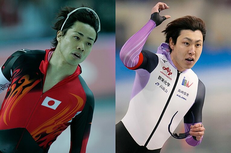 長野五輪の金メダリスト・清水宏保と、北京五輪に臨む新濱立也（25歳） ／ photograph by L）Takuya Sugiyama／JMPA、R）KYODO
