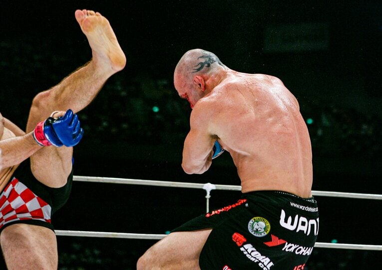 ミルコの左ハイキックがシウバの側頭部にヒットした瞬間（連続写真）©Susumu Nagao