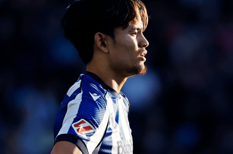 今季2ゴール目を頭でマークした久保建英。北中米W杯イヤーはレアル・ソシエダでの活躍も見たいところだ ／ photograph by Daisuke Nakashima