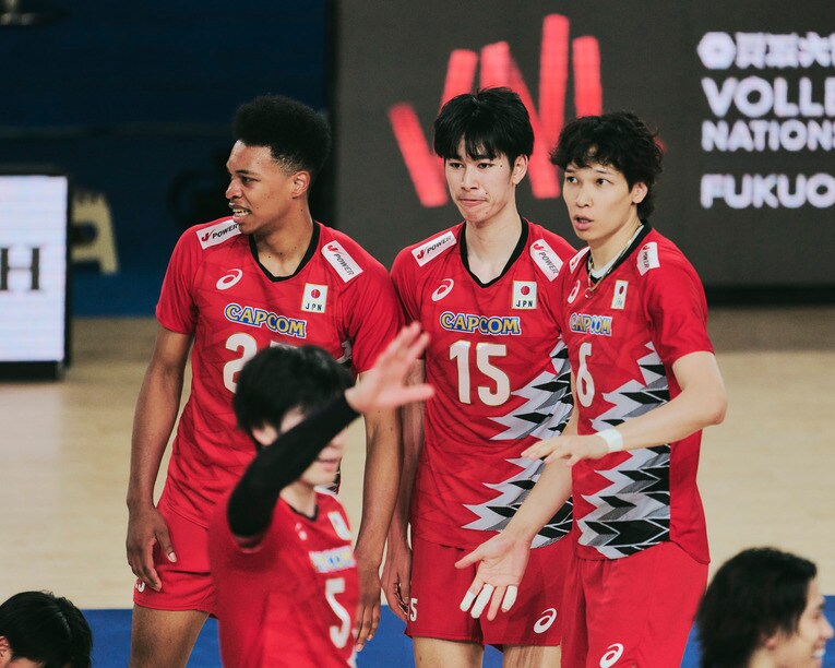 エバデダン ラリー、甲斐優斗、山内晶大（VNLポーランド戦）　©︎Yuki Suenaga