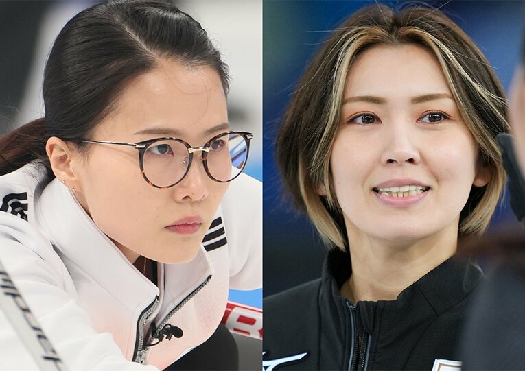 （左）韓国で絶大な人気を誇る“メガネ先輩”ことキム・ウンジョン。今大会は現地解説者として参加している。　（右）日韓戦で注目を集めたカーリング女子日本代表・フォルティウスのスキップ吉村紗也香 ／ photograph by JMPA