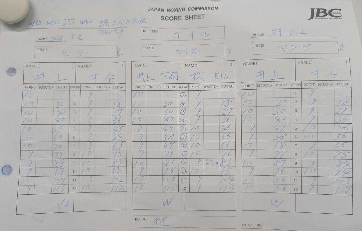 ジャッジペーパー。1～4Rまで、3者全員が井上につけている