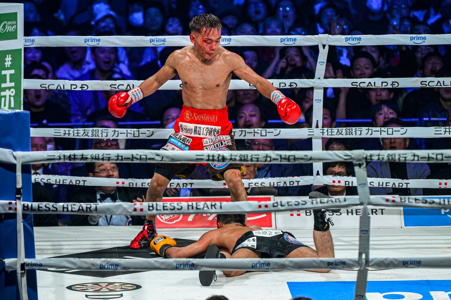 9回、堤聖也の右カウンターで前のめりに崩れ落ちる比嘉大吾(2025年2月) ©Takuya Sugiyama