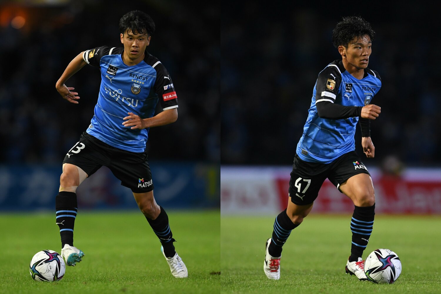 フロンターレのリーグ連覇に大きく貢献した山根視来と旗手怜央。「4-3-3」の習熟度の高さは代表でも武器になる　©Getty Images