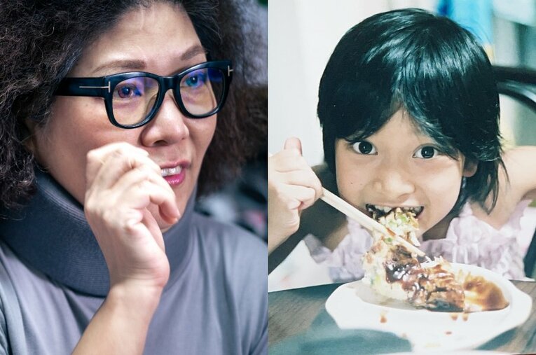 木村響子さんと、お好み焼きを食べる幼少期の花さん ／ photograph by L)Takuya Sugiyama、R)木村響子さん提供