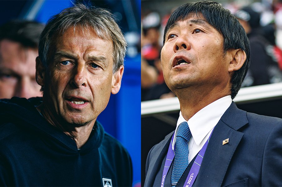 クリンスマン前監督と森保監督。日韓両国は似たような課題を抱えているとトルシエは指摘する　©Kiichi Matsumoto