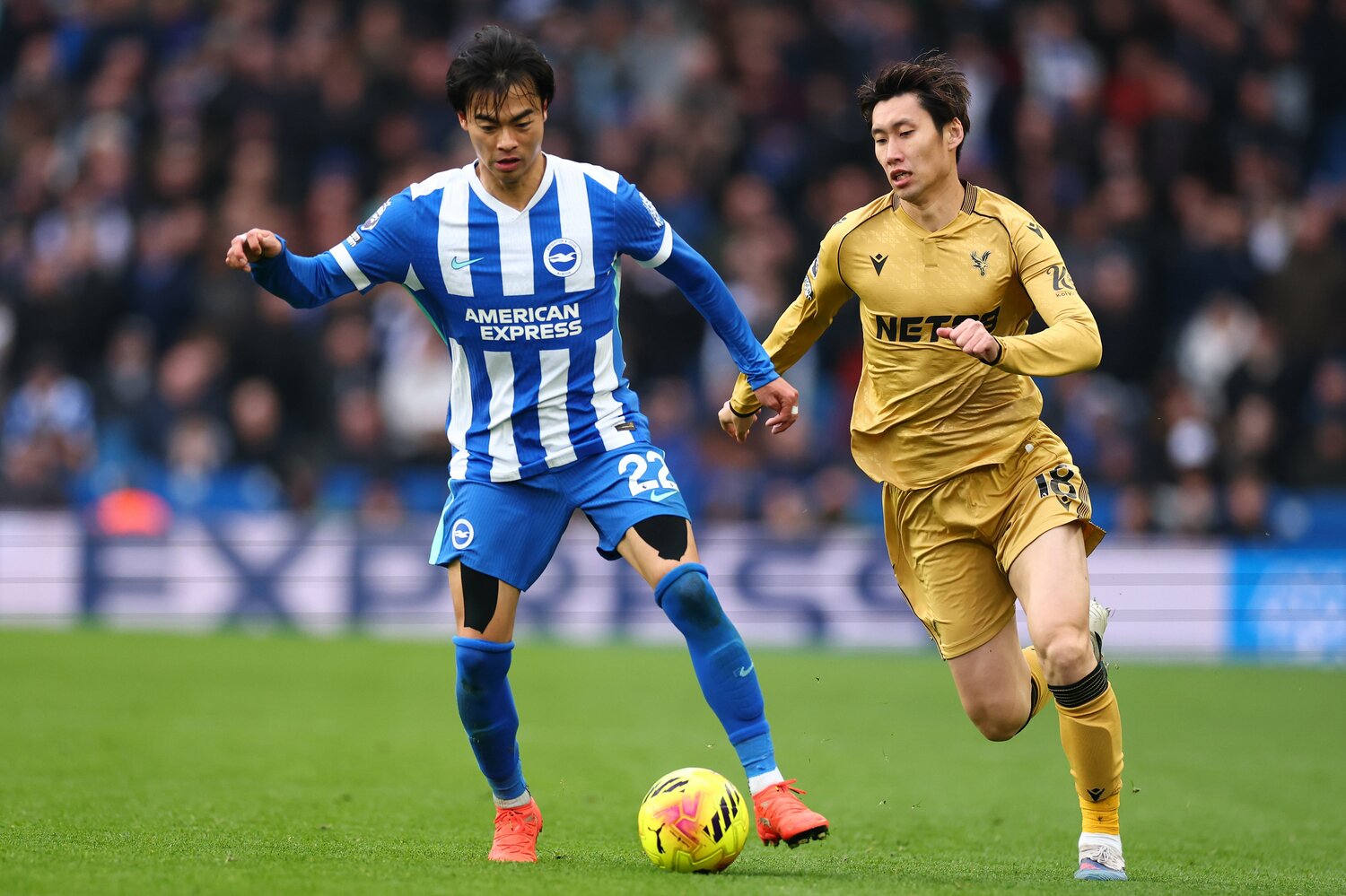 2月8日のブライトン戦、約2カ月ぶりに復帰したクリスタルパレス鎌田大地。三笘とのマッチアップ　©Getty Images