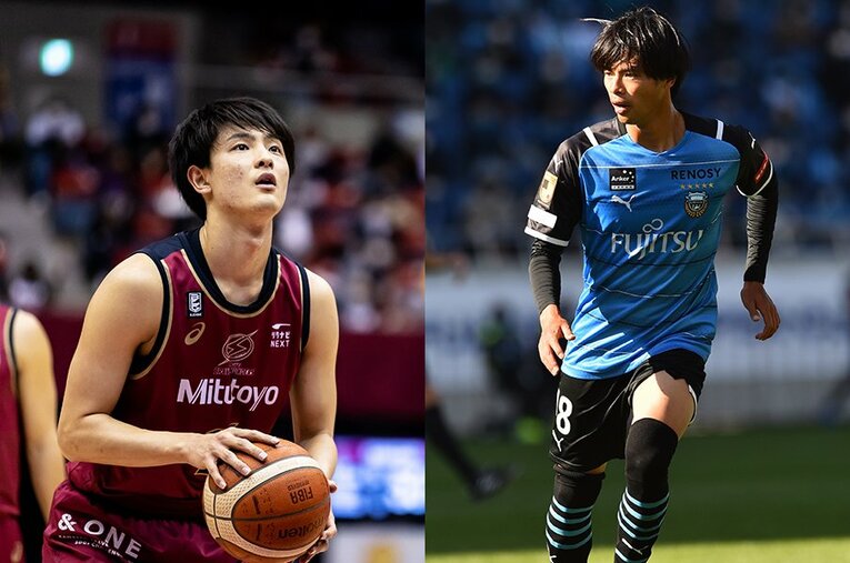 筑波大の同級生で、同じ川崎を本拠地とするクラブで活躍する三笘薫（右）と増田啓介。学生時代の思い出からそれぞれがプロの舞台で感じ取ったことを話した ／ photograph by L）B.LEAGUE   R）J.LEAGUE　