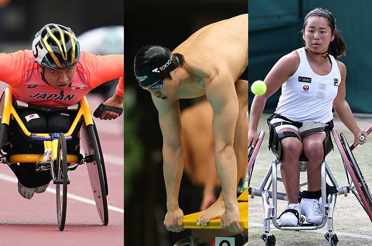 左から陸上競技400m（T52）・佐藤友祈、水泳100mバタフライ（S11）・木村敬一、車いすテニス・上地結衣 ／ photograph by AFLO