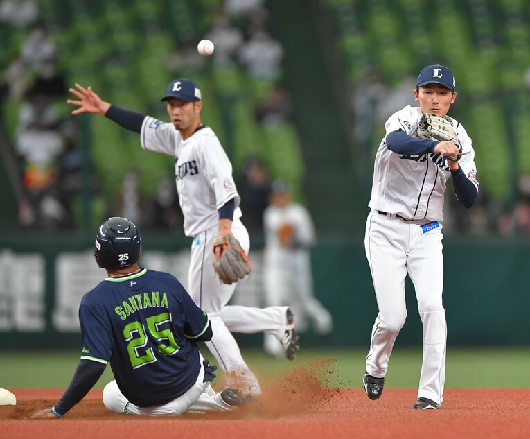 鮮やかなコンビネーションでダブルプレーを演出する源田と外崎　©︎Sankei Shimbun
