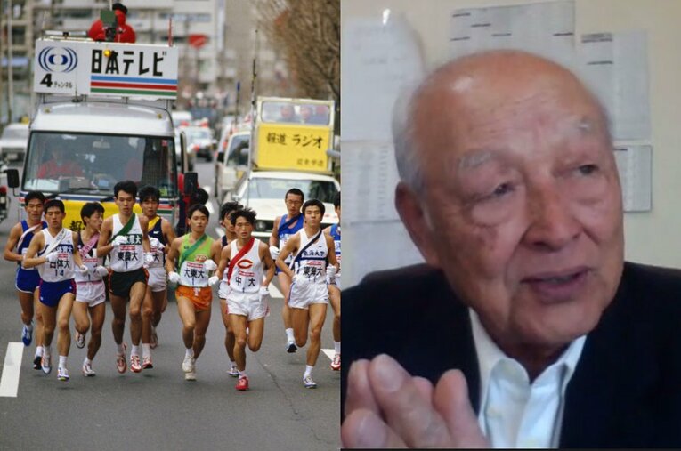 （左）1987年、初めてテレビ中継が行われた箱根駅伝の様子、（右）箱根初代実況者を務め、インタビューに応じた小川光明さん ／ photograph by AFLO（左）