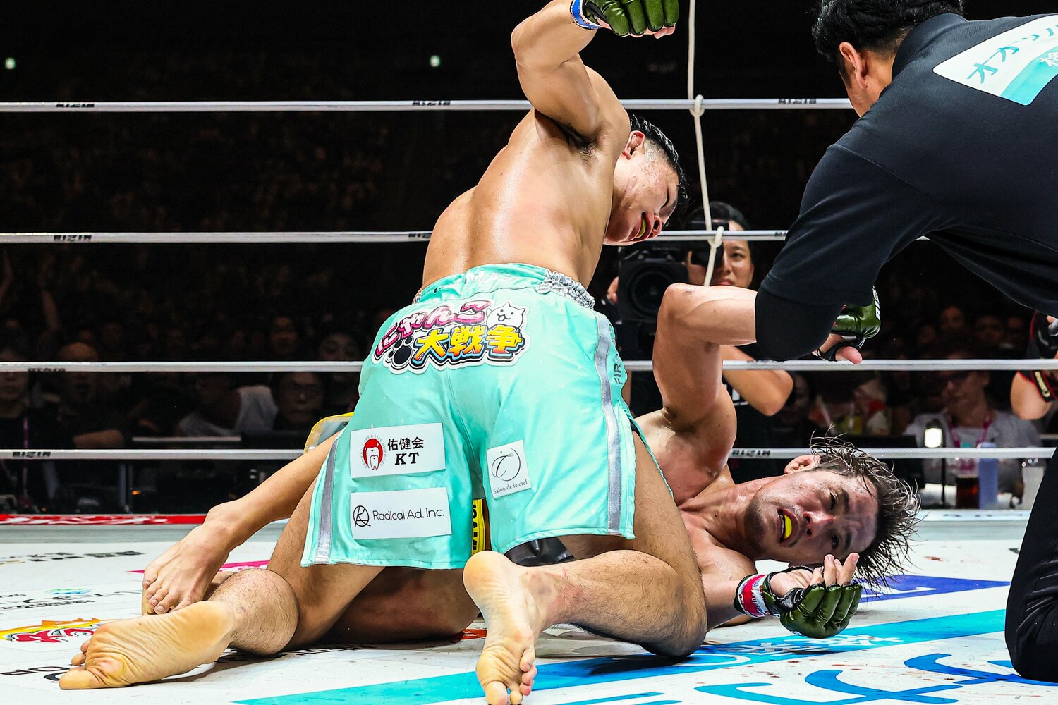 試合がストップした瞬間。金原は力尽きたかのように逆転負けを喫した　©RIZIN FF Susumu Nagao