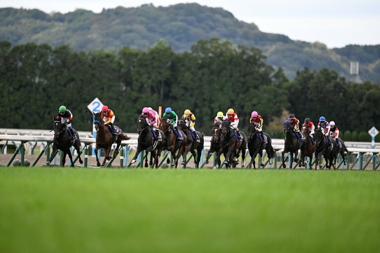 菊花賞の1周目スタンド前。出遅れたロブチェン（写真右から2頭目）は後方からの競馬に　©Keiji Ishikawa