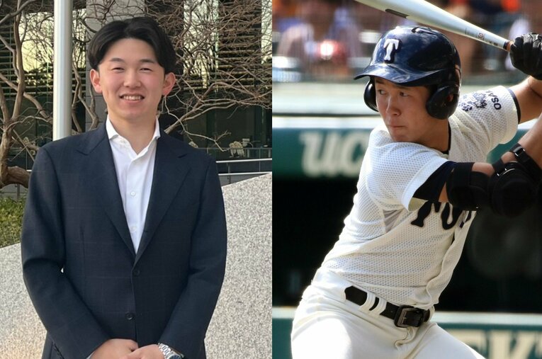 根尾昂（中日）や藤原恭大（ロッテ）ら後のプロ選手を多く擁し、甲子園で春夏連覇を達成した大阪桐蔭最強世代。その一角だった男はなぜ商社マンの道を選んだのだろうか？ ／ photograph by (L)本人提供、(R)AFLO