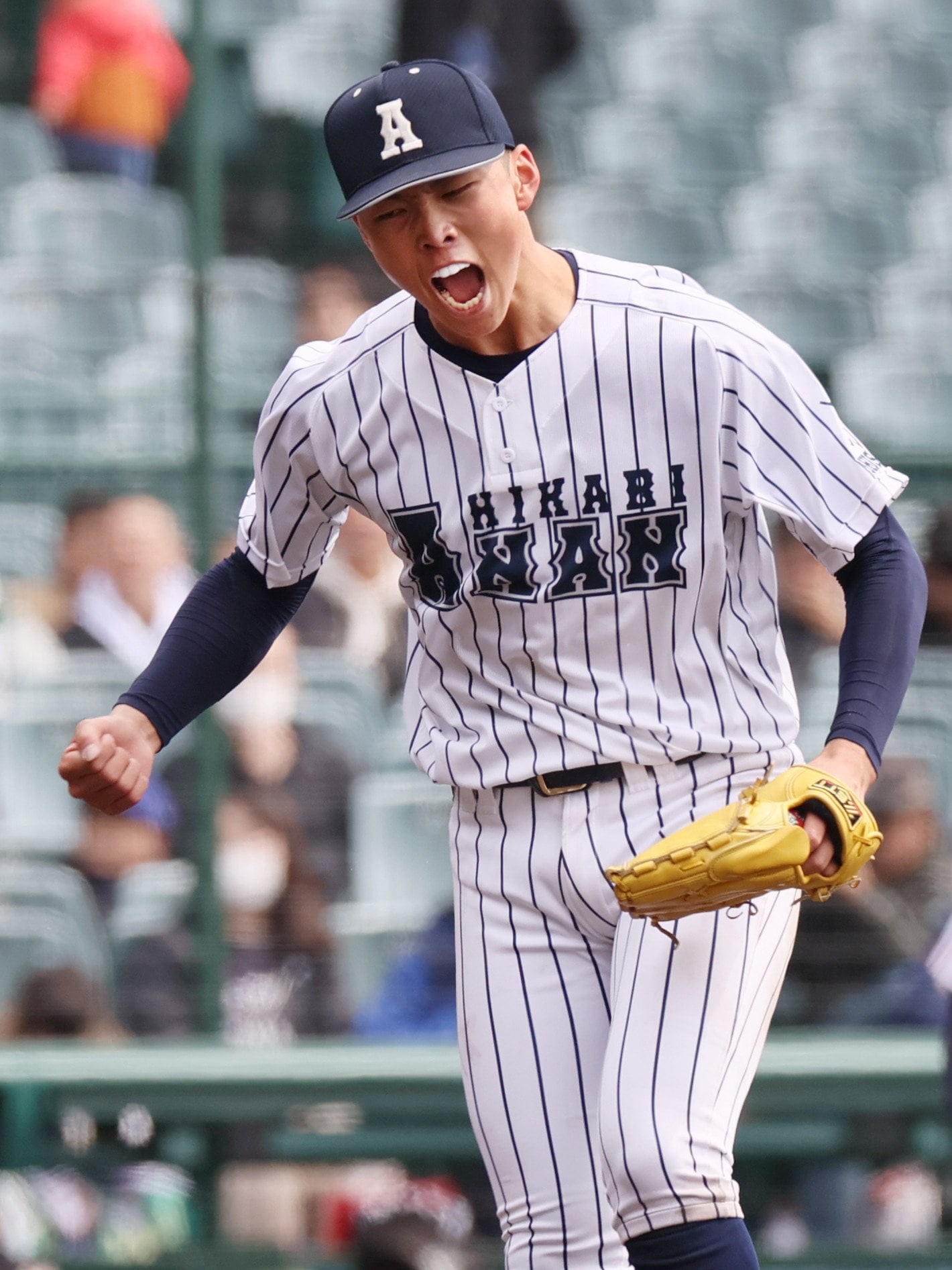 センバツ1回戦を突破した阿南光・吉岡投手。学校統合を経た現在の校名では甲子園初勝利 ©JIJI PRESS