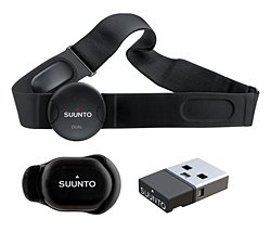 スント・クエストの「ランニングパック」に含まれるモノたち。心拍計測ベルト（上）、フットPODミニ（左下）、ムーヴスティックミニ（右下）  