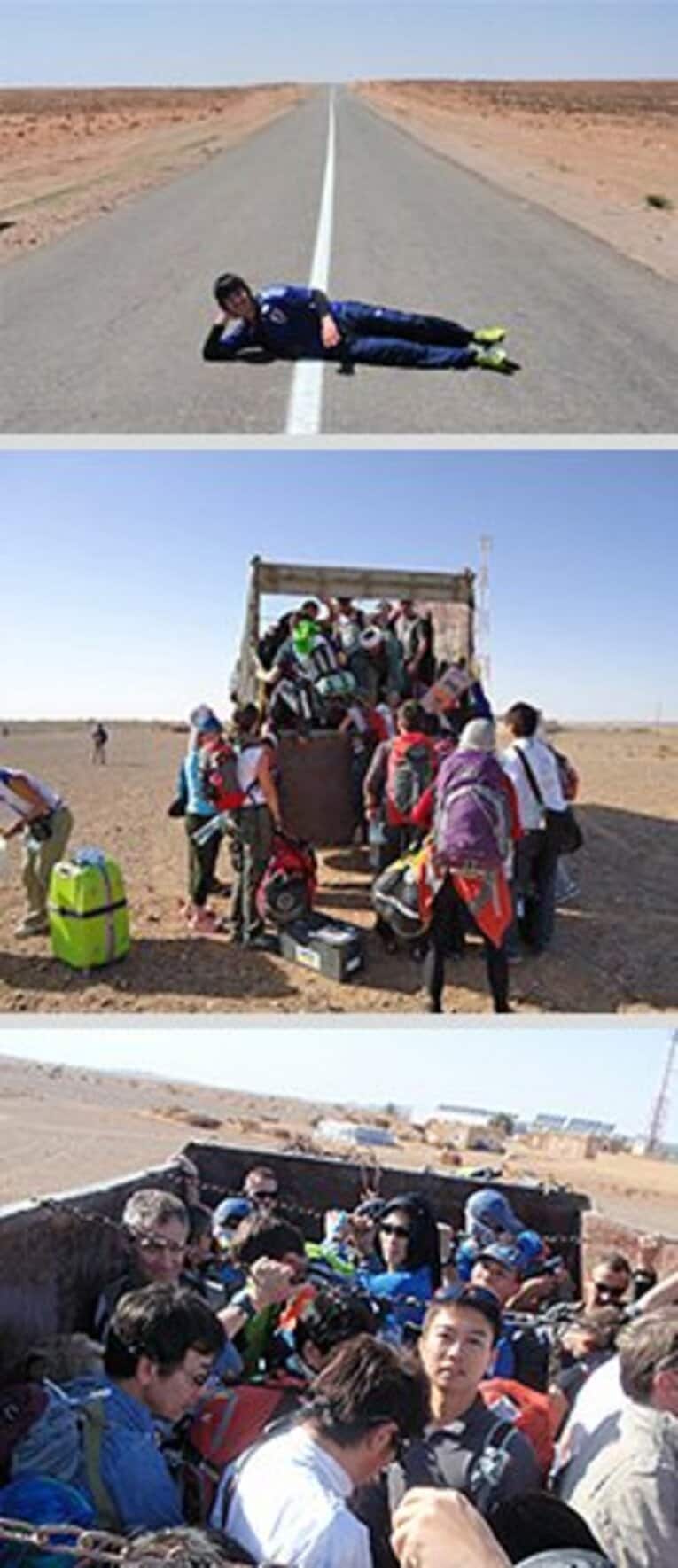 (上)あまりの景色の広大さに浮かれていました (中)軍用ジープに詰められる参加者たち (下)荷台の上はこんなんです