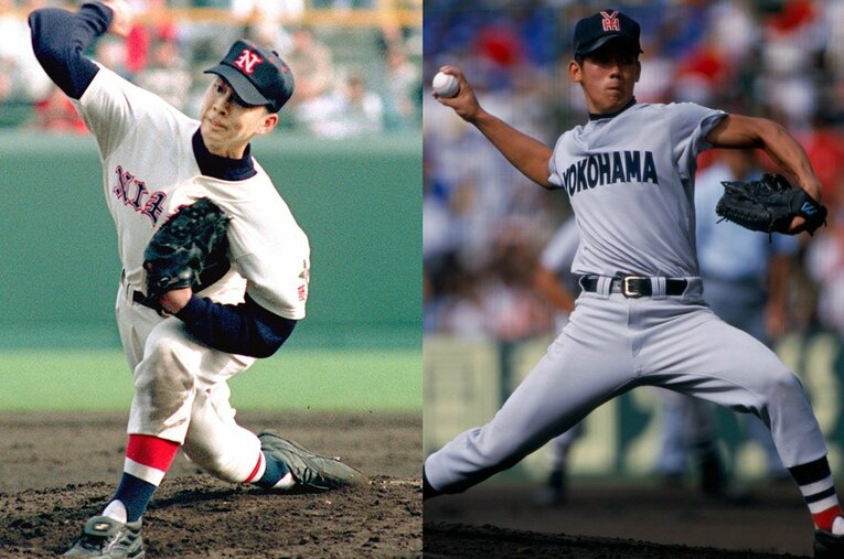 日大藤沢高時代の館山（左）は横浜高と松坂（右）の壁に阻まれ、甲子園出場はセンバツの一度だけだった ／ photograph by SANKEI SHIMBUN(L)/Hideki Sugiyama(R)