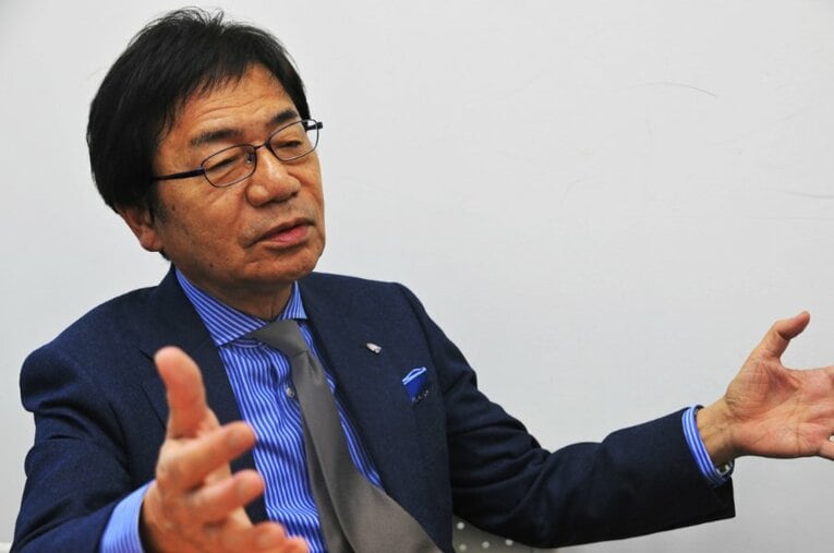 都内で取材に応じたカターレ富山の左伴繁雄社長　©Tetsuichi Utsunomiya