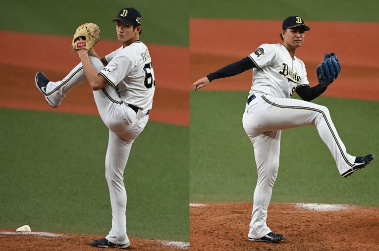 オリックスの強力リリーフ陣を支える山﨑颯一郎（左）と宇田川優秀希（右）。ともに150キロ台後半の速球をもつ　©Naoya Sanuki