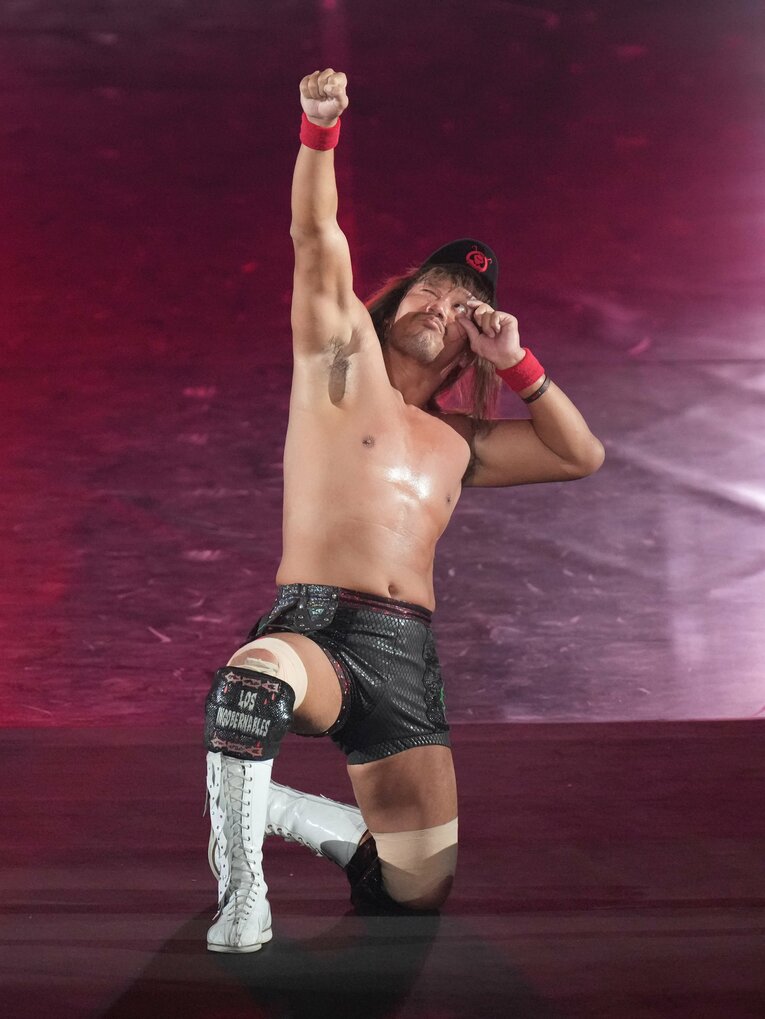 勝利のポーズを決め、意気揚々と会場を後にする内藤哲也