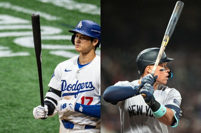 「C」マークが特徴的なチャンドラー社のバットを使う大谷とジャッジ。なぜパワーヒッターが好んでこのバットを選ぶのか、その特徴を聞いた ／ photograph by Nanae Suzuki(L)/Getty Images(R)