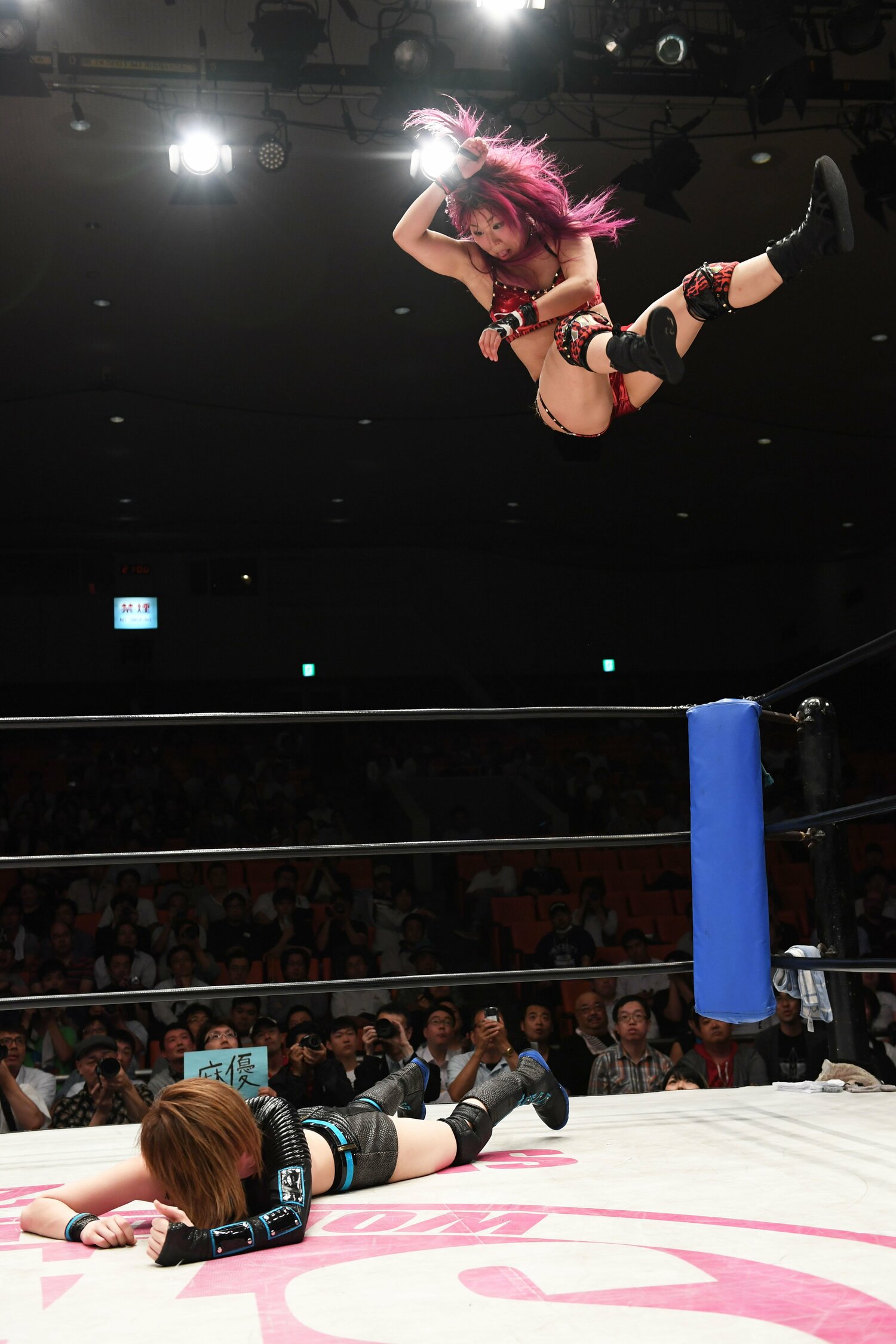 “天空の逸女”紫雷イオのエルボードロップ。2017年6月21日、後楽園ホール ©Essei Hara