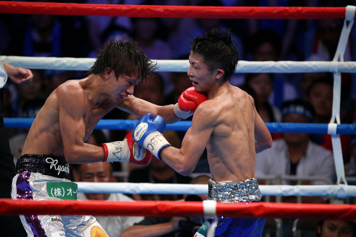 2013年8月25日、日本ライトフライ級タイトルマッチ。田口は初防衛戦の相手に井上尚弥（当時20歳）を指名。フルラウンドにもつれこんだが判定0-3で挑戦者・井上の勝利に　©AFLO