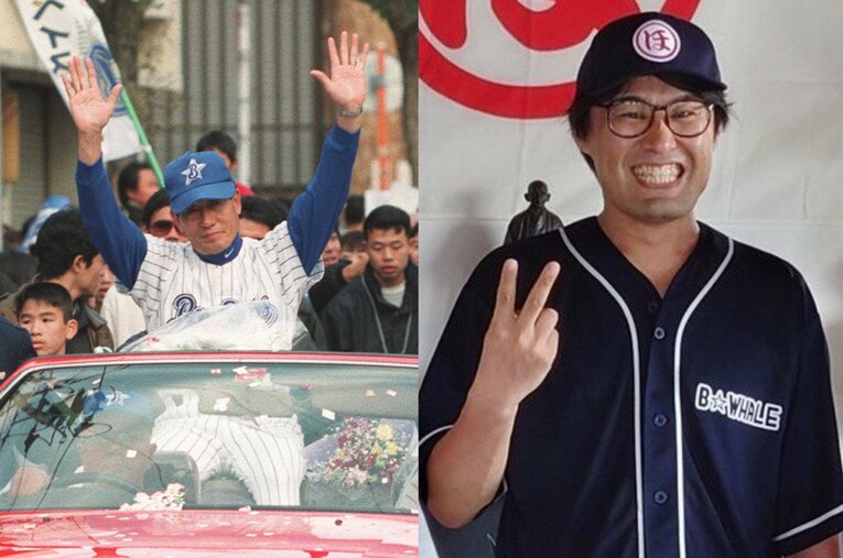 ベイスターズの「故郷」下関出身のプロレスラー、ラブセクシー・ヤング（右）。98年の日本一の際、地元でのパレードを見て熱狂的ファンに ／ photograph by (L)JIJI PRESS、(R)公式Xより引用