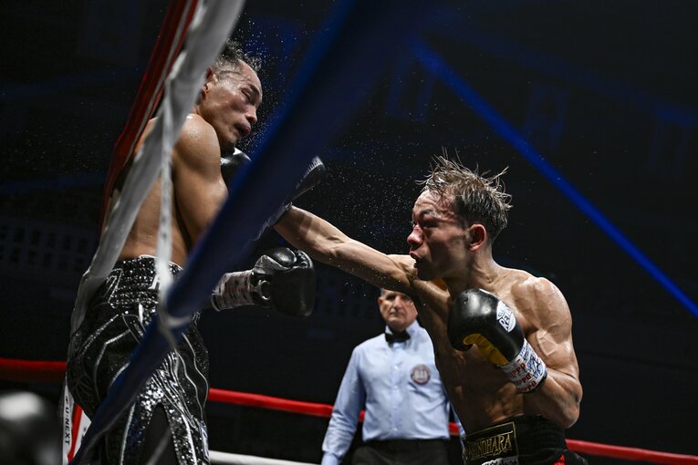 ドネアをロープ際に追い込み、右を打ち込む堤聖也　©Hiroaki Finito Yamaguchi