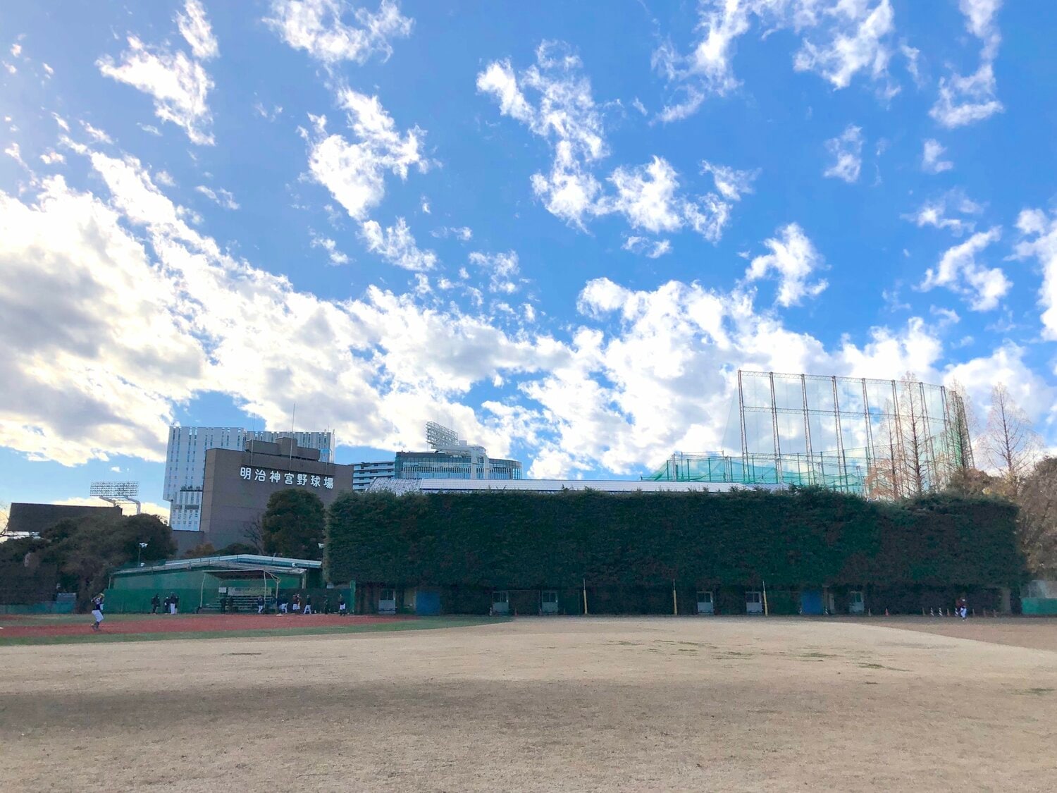 正面の木立の向こうはヤクルトの室内練習場。左手のカラフルな人工芝のエリアが、プロも使用する「コブシ球場」 ©Kenichi Tazawa