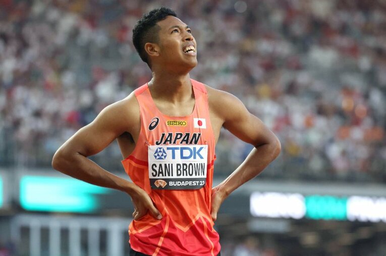 世界陸上100mで2大会連続決勝に進出したサニブラウン。自己最高の6位となるもレース後には悔しそうな表情をみせた ／ photograph by JIJI PRESS