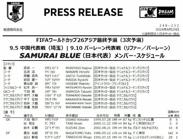 会見発表時などに配られたプレスリリース。コーチの一番下を見ると……。