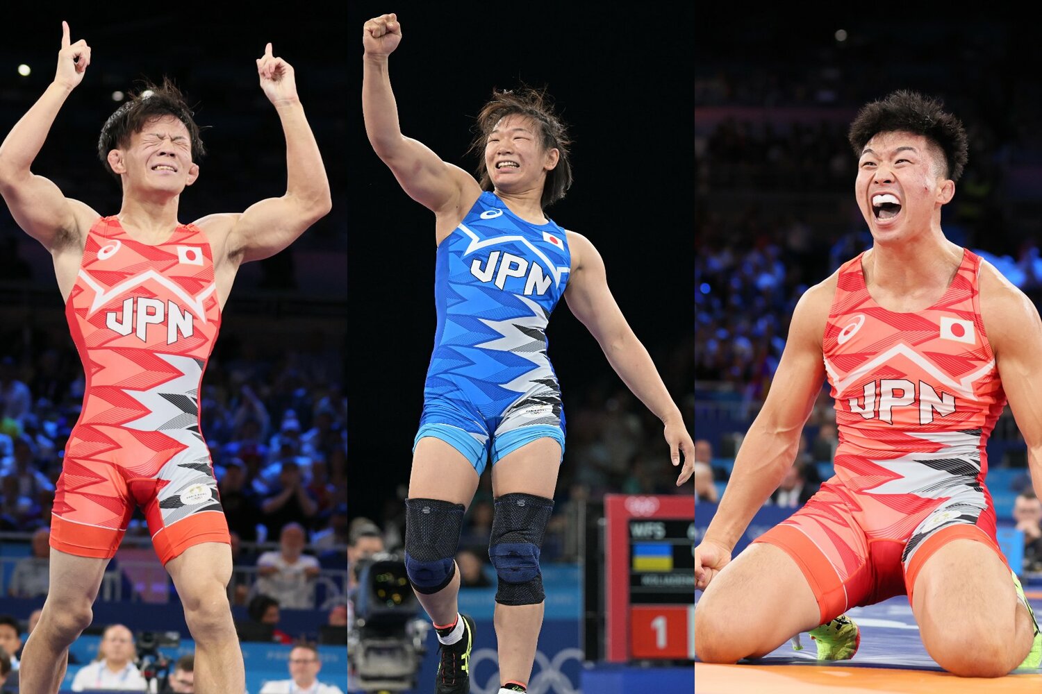 金メダルを獲得した、左から男子フリースタイル57kg級の樋口黎、女子62kg級の元木咲良、男子グレコローマンスタイル77kg級の日下尚　©JMPA(3)