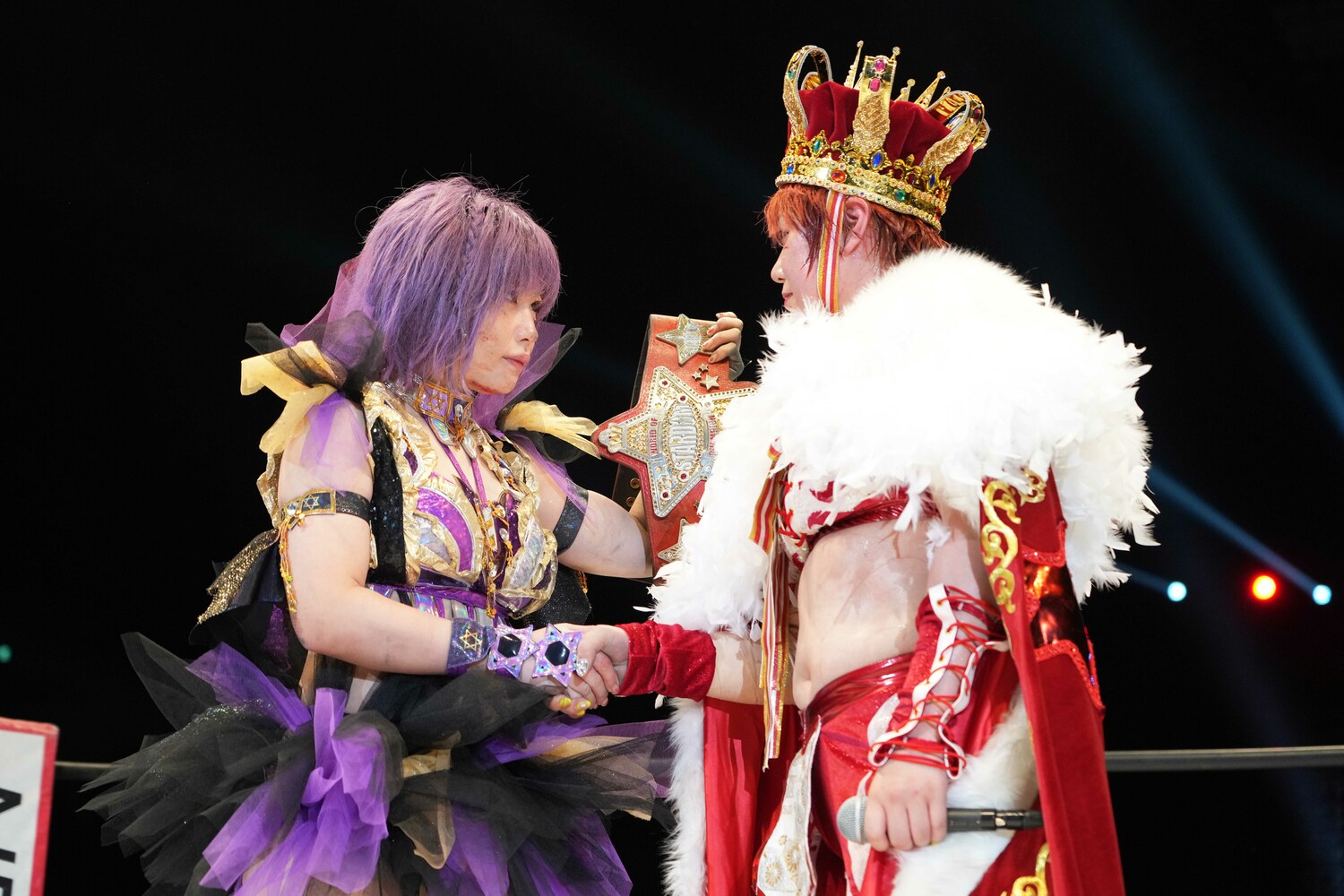 試合後のリングに上がった中野たむと握手