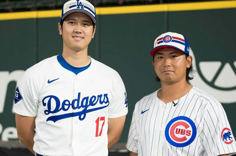 MLBオールスターの前日練習。大谷翔平と今永昇太のツーショット ／ photograph by Getty Images