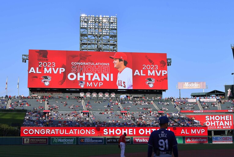 エンゼルスからの粋な演出　©JIJI PRESS