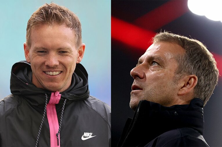 33歳にしてバイエルン監督に就任するナーゲルスマン（左）と、強いバイエルンを作り上げたフリック監督 ／ photograph by Getty Images