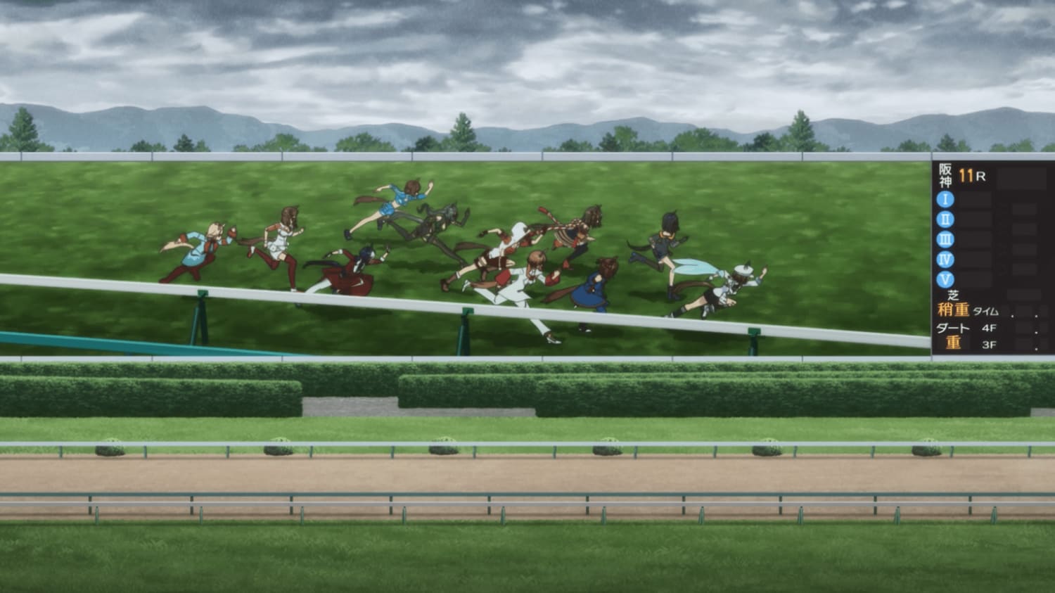 第4コーナーではキタサンブラックの後ろ、後方集団までポジションを下げていたサトノクラウン　©2023 アニメ「ウマ娘 プリティーダービー Season 3」製作委員会