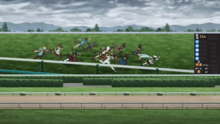 第4コーナーではキタサンブラックの後ろ、後方集団までポジションを下げていたサトノクラウン　©2023 アニメ「ウマ娘 プリティーダービー Season 3」製作委員会